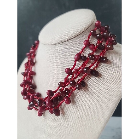 Red Multistrand Adjustable Beaded Necklace Vintage - Picture 2 of 10